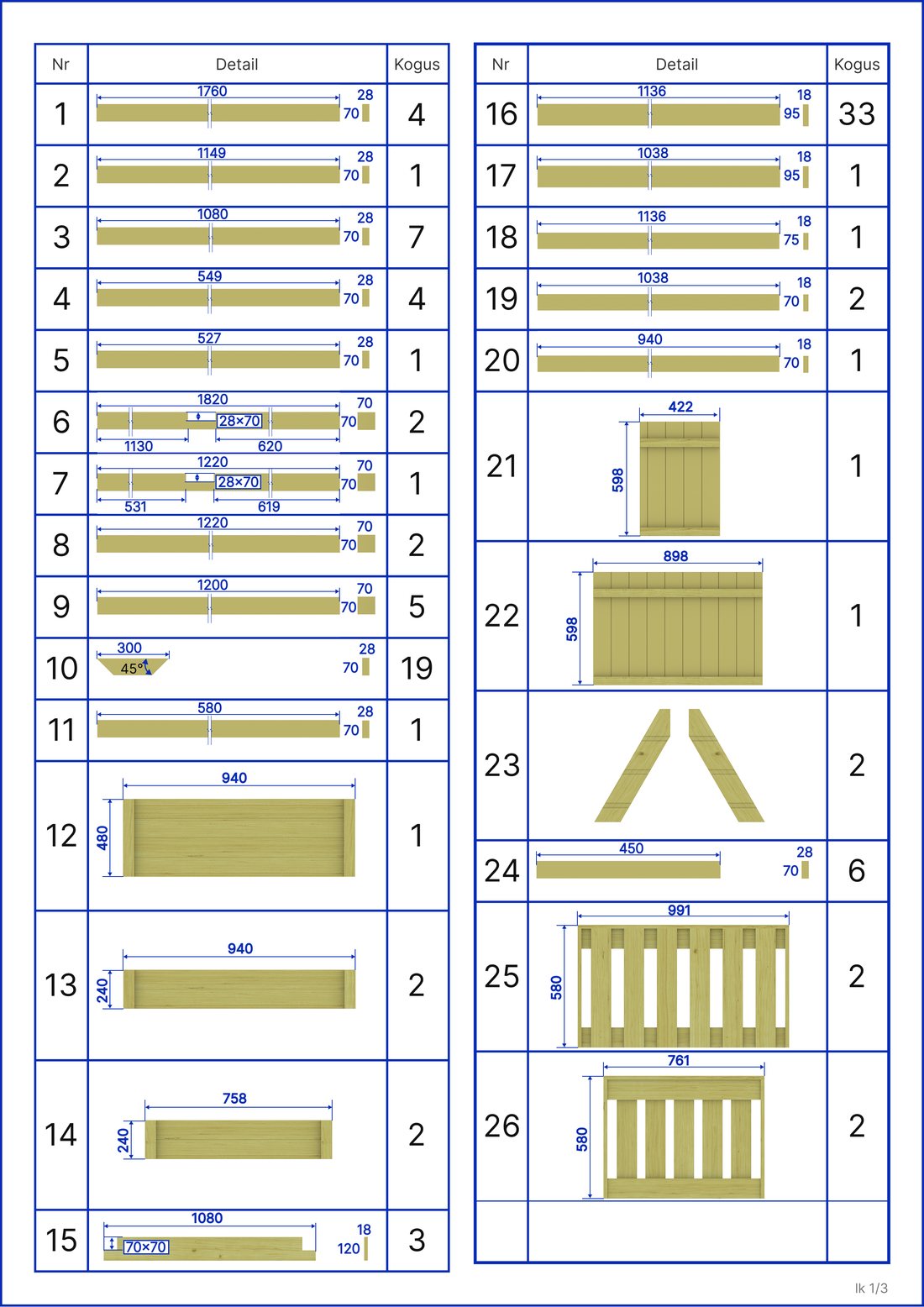 Parts list — positions 1 to 26